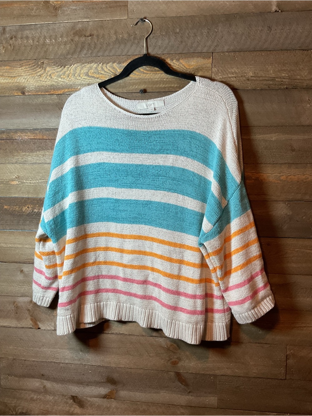 LOFT Women Sweater Pullover Striped Scoop Neck 3/4 Sleeve Teal Orange Size Large